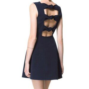 Zara Sleeveless Flowy Mini Dress Open Back Bow Detail Navy Blue Size S